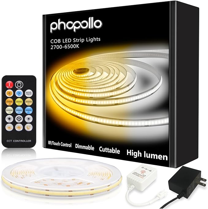 phopollo COB LED Strip Lights, 608 LEDs/m High Density Flexible 24V Led Lights with Remote & Touch Control, Dimmable 2700K-6500K for Bedroom, Kitchen, Cabinet Lighting-16.4ft