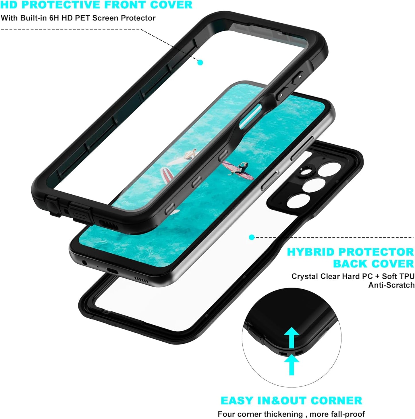 Samsung Galaxy A24 4G/A25 5G Phone Case, Waterproof Full Body Protective with Clear Lens/Camera/Screen Protector