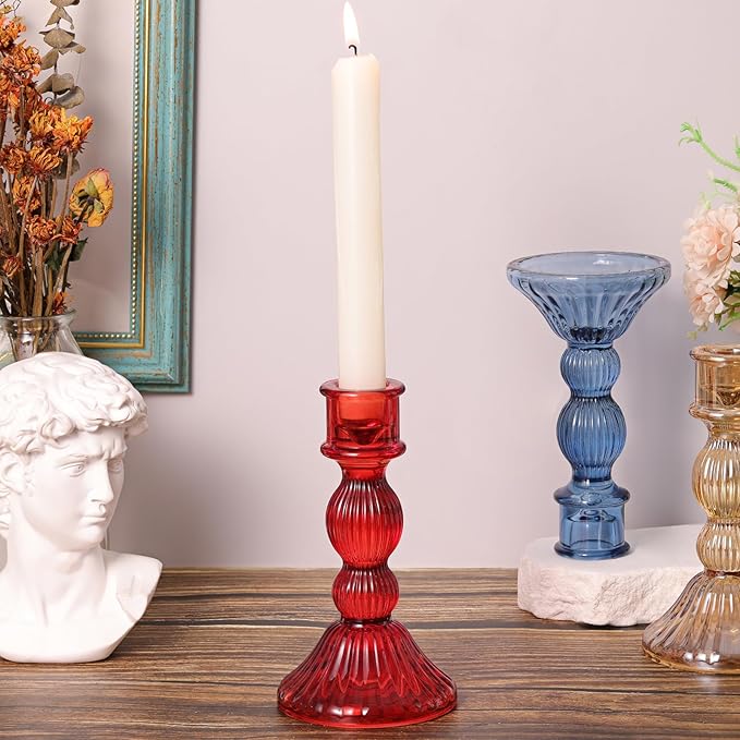 DARJEN 2 Pcs Red Taper Candle Holder - Vertical Stripe Glass Candle Holders for Taper and Votive Candles, Candlestick Holders for Various Activities, Home and Festival Decoration