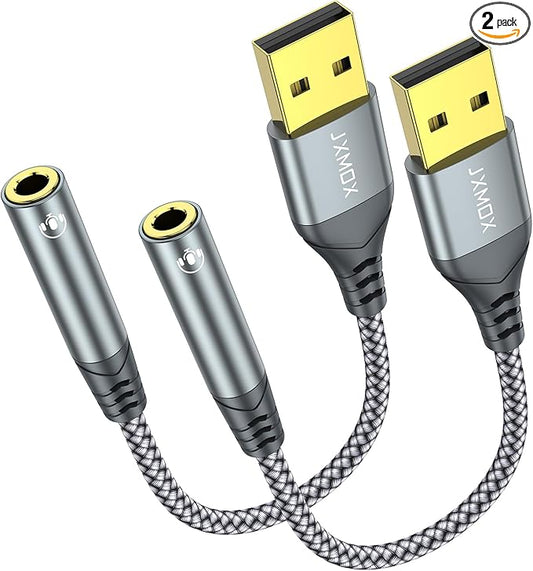 JXMOX USB to 3.5mm Audio Adapter (2-Pack) - USB-A to 3.5mm TRRS 4-Pole Female External Stereo Sound Card for Headphones, Mac, PS4, PS5, PC, Laptops, Desktops
