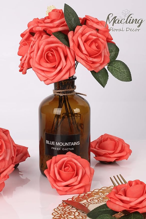 MACTING 30PCS Artificial Rose Flowers Real Touch Coral Red Flowers with Stem Fake Roses for DIY Wedding Bouquet Table Centerpieces Party Holiday Baby Shower Home Spring Mothers Day Decorations
