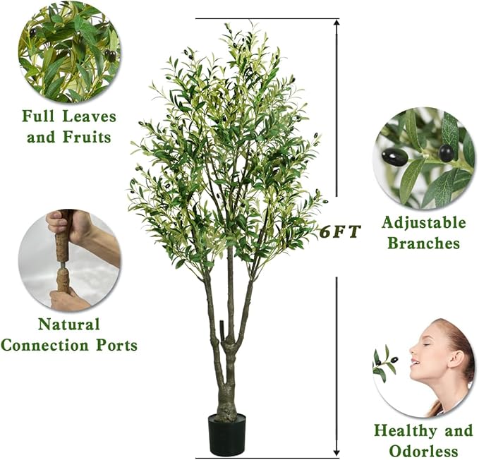 6.23ft Artificial Olive Tree, Faux Olive Tree with Lifelike Fruits, 74.8in Fake Olive Tree with Sturdy Plastic Pot, Artificial Plants for Office Home Living Room Indoor Outdoor Decor