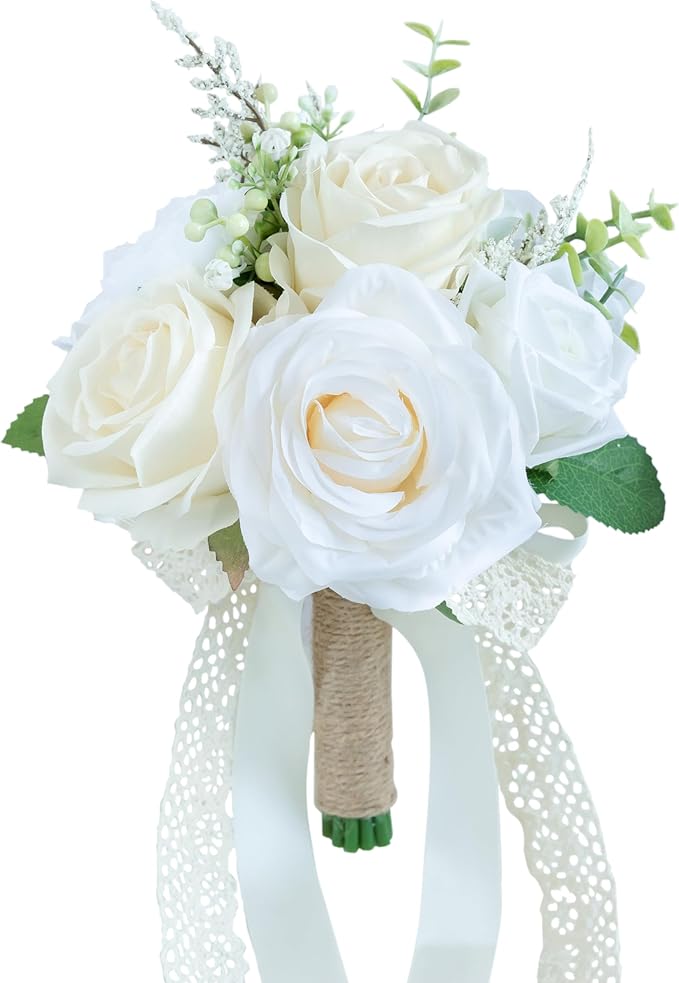 Wedding Bouquets for Bride Bridesmaid, Artificial White Champagne Bride Flower Bouquet for Wedding Church Decoration Ceremony, Anniversary, White Roses Flowers