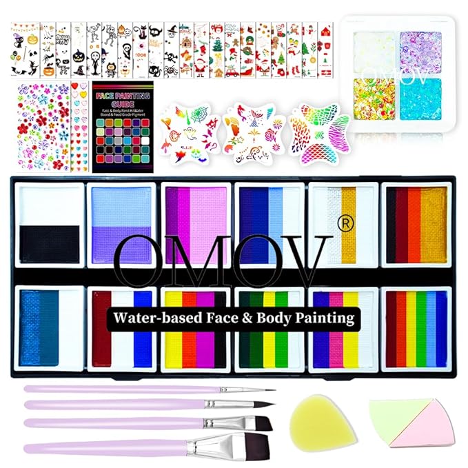 Face Painting Kit for Kids & Adults, Non-Toxic Water Based Face Paint Palette with12 Rainbow Split Cakes +4 Sequins Gels, Includes Brush, Stencils, Gem Sponge & Glow Stickers Halloween Body Paint