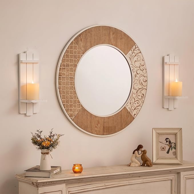 White Wall Candle Holders - Decorative Candles Sconces for Wall Decor Boho Floating Shelf Rustic Wooden Decor for Bedroom Bathroom