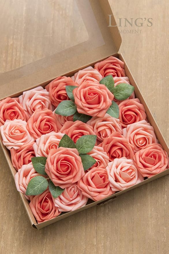 Ling's moment Artificial Flowers 25Pcs Deep Coral Roses Decor w/Stems,3" Real Touch DIY Foam Floral for Wedding Bouquet/Centerpieces, Outdoors Party Backdrop, Room/Table, and Garden/Pot Decorations