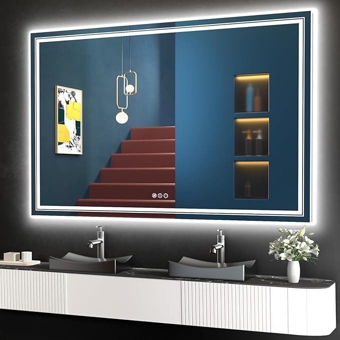 LED Bathroom Mirror, 60"X40" with Front and Backlit, Anti-Fog, Large Bathroom Vanity Mirror for Wall, Memory Function, Stepless Dimmable, Tempered Glass (Horizontal/Vertical)