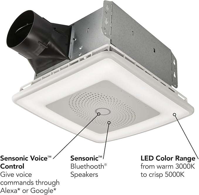 Broan-NuTone VC110CCT Sensonic Alexa Voice Controlled Smart Exhaust Fan with Dimmable LED Light and Bluetooth Speakers, 110 CFM,White, 13.25"x13.25"x5.75"