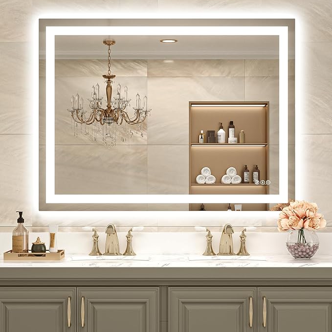 USHOWER LED Bathroom Mirror 48x36 Inch with Lights - Frameless Tempered Glass LED Backlit Lighted Mirror for Bathroom Vanity with Anti-Fog, 3 Colors Dimmable, Memory Function, Wall-Mounted