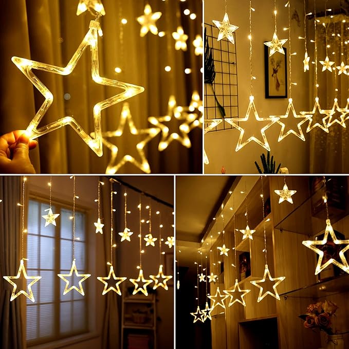 Blingstar Star Christmas Lights 138 LED 12 Star Curtain Lights 8 Flashing Mode Window String Lights 8.2ft Connectable Hanging Lights for Indoor Bedroom Ramadan Eid Wedding Backdrop Decor, Warm White
