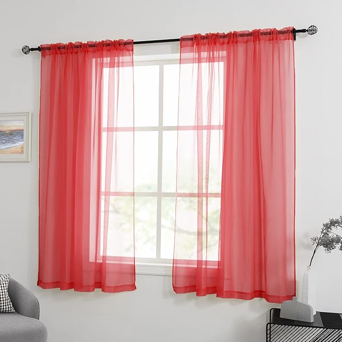 HUTO Christmas Red Sheer Curtains Window Drapes 2 Panels Rod Pocket Voile Sheer Panels Curtains 63 inches Long for Bedroom Living Room Nursery Study Room