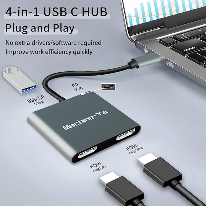 USB C to Dual HDMI Adapter 4K@60hz,USB C Dual Monitor Adapter with USB 3.0, 100W PD, Type C to Dual HDMI Splitter Extend Display for Chromebook, MacBook, Laptop, HP...