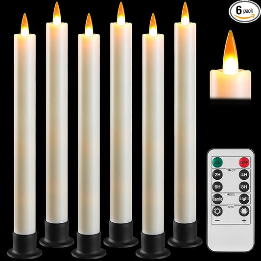 Da by 6 Flameless Window Candles with Remote Controller & Timer, LED Cone Stick Candle, Free 6 Black Bases, 9.6 Inch Battery Powered Christmas Candles for Home, Party, Holidays, Christmas Decoration
