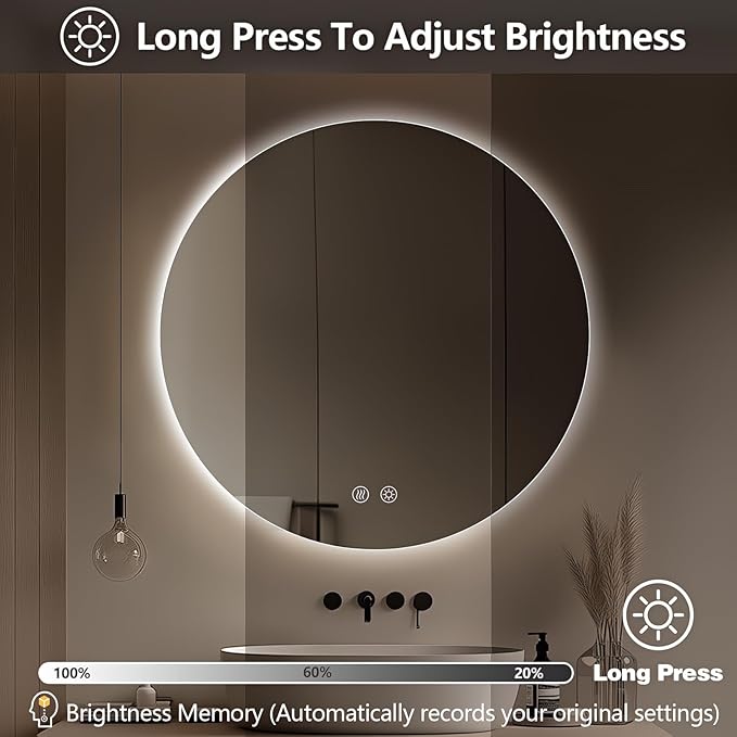 Niccy Round Led Mirror for Bathroom, 30" Circle Frameless Backlit Mirror wiht Light, Anti-Fog, 3 Colors, Waterproof, Memory Function
