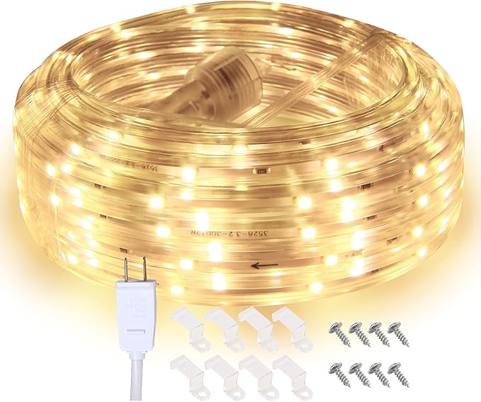 33ft Strip Lights Outdoor, LED Flat Flexible Rope Lighting, 3000K Soft White, Waterproof Connectable Décor Lights for Bedroom Living Room Garden Patio Pergola Christmas Party