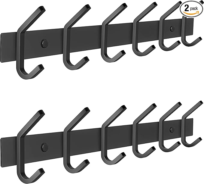 Matte Black Coat Rack Wall Mount – 17 Inch Stainless Steel Hook Rail with 6 Double Coat Hooks – Wall Mounted Entryway Organizer for Coats, Hats, Bags, Towels, Robes, Closet or Bathroom - 2 Pack