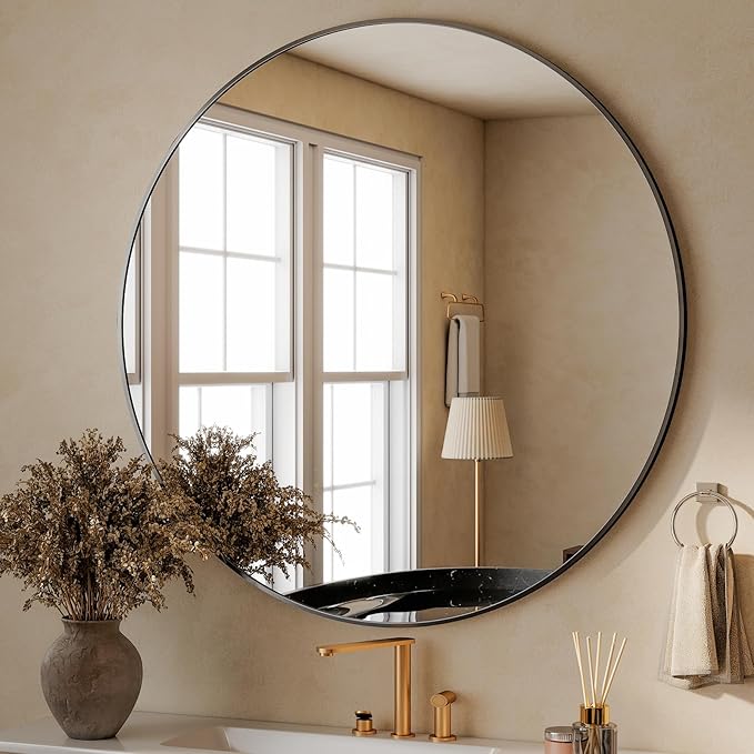 HARRITPURE 48 Inch Round Mirror, Black Circle Bathroom Mirror, Modern Aluminum Alloy Frame Large Vanity Wall Mirror for Living Room, Bedroom, Entryway