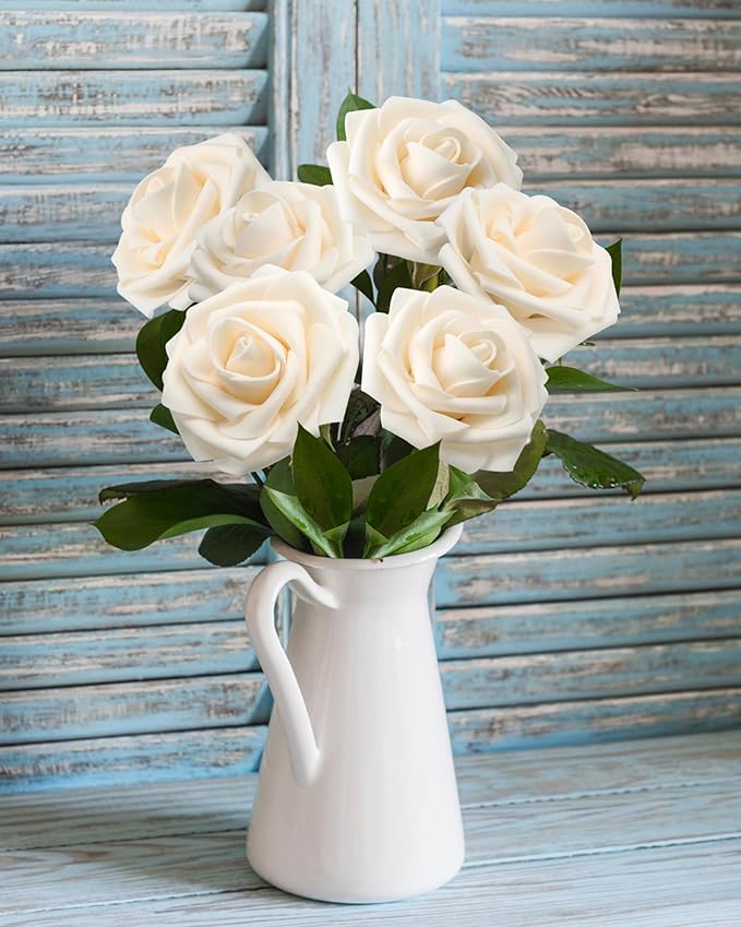 JOYLEX Artificial Flowers Realistic Roses, Real Looking Fake Roses with Stem for DIY Wedding Bouquets Centerpieces Bridal Shower Party Home Romantic Decorations (Champagne, Regular 3" - 200pcs)