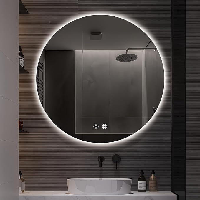 Niccy Round Led Mirror for Bathroom, 30" Circle Frameless Backlit Mirror wiht Light, Anti-Fog, 3 Colors, Waterproof, Memory Function