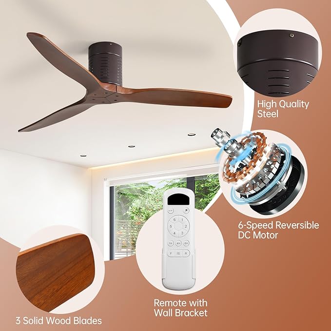 Sofucor 52 Inch Ceiling Fan No Light, Solid Wood Indoor/Outdoor Ceiling Fans Without Lights, Reversible DC Motor, 6 Speed, Flush Mount Ceiling Fans for Bedroom Living Room Farmhouse Patio