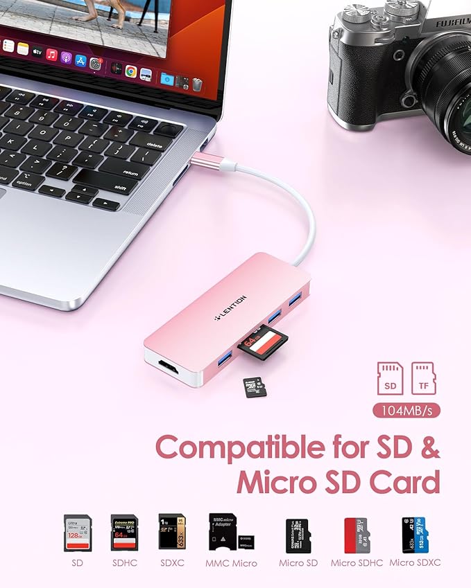 LENTION 5 in 1 USB to USB-C Adapter with Micro SD/SD Card Reader for iPhone, 4K@30Hz HDMI to USB C Hub Multiport Adapater with 3 USB 3.0 Compatible with 2025-2018 MacBook Pro MacBook Neo(Rose Gold)