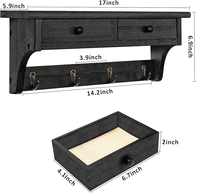Emfogo Wood Coat Hooks Wall Mounted, Rustic Style with 4 Hooks & Shelf for Entryway, Mudroom, Bedroom, Kitchen, Bathroom (Black)