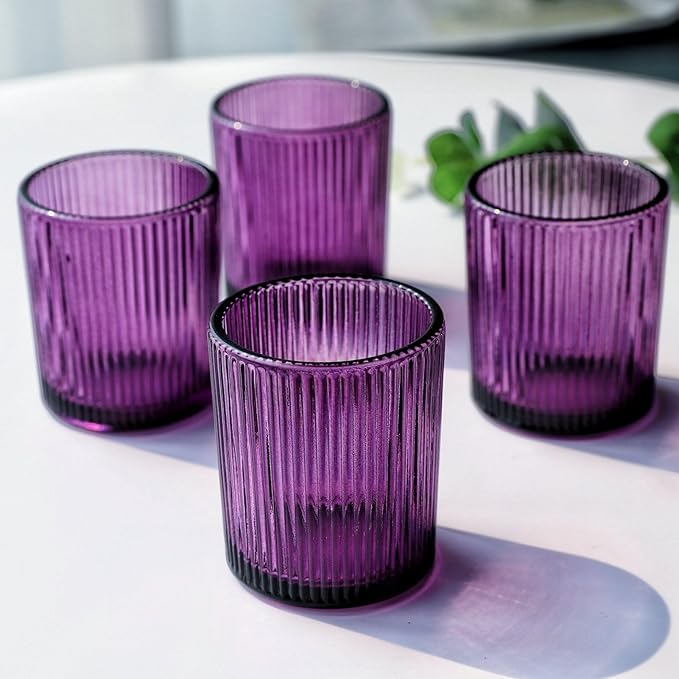 VOHO 12pcs Purple Votive Candle Holders for Christmas Holiday Decorations, Vintage Glass Votive Candle Holder for Coffee Table Centerpiece, Ribbed Tealight Candle Holder for Birthday Gifts