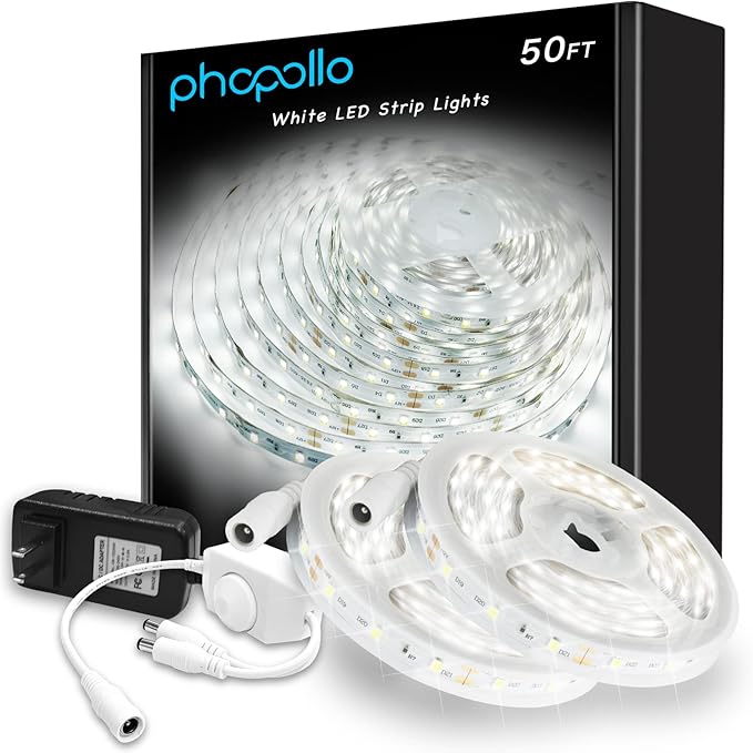 phopollo White LED Strip Lights, 50ft (2 Rolls of 25ft) Dimmable 6500k Daylight White Led Light Strip, 900 LEDs 24V Led Lights for Bedroom, Mirror, Kitchen Decoration