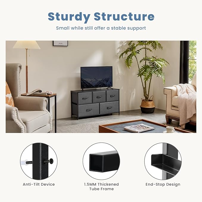 DUMOS Dresser for Bedroom, 5 Storage Drawers, Wide Fabric Closet Chests Organizer Tower Furniture with Wooden Top Metal Frame for Clothes, Guest Room, Living Room, Hallway, Entryway