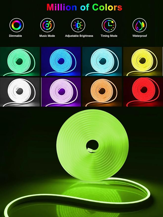 100ft LED Neon Rope Lights with App and Remote Control, IP65 Waterproof Neon Strip Lights for Outdoor Indoor, DIY Design Flexible Led Rope Lights for Bedroom, Living, Gaming, Party Decor