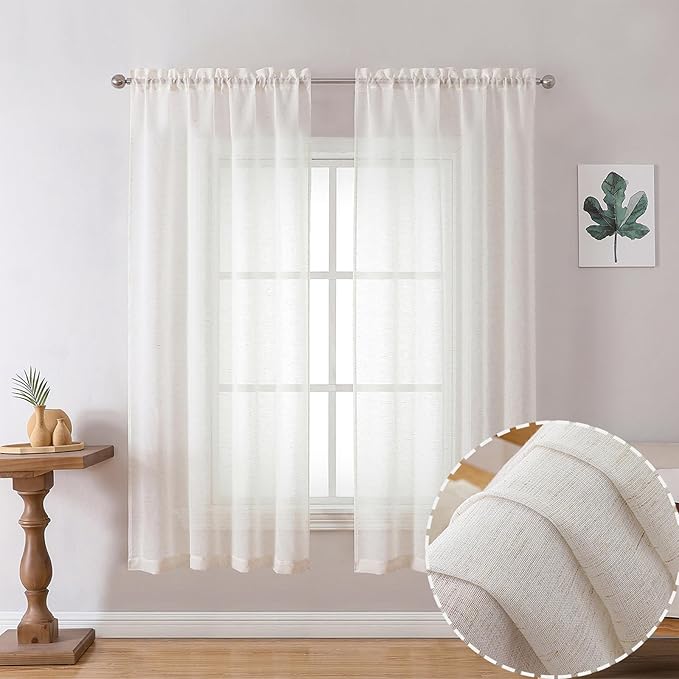 OWENIE Linen Blend Short Semi Sheer Curtains 54 inch Length 2 Panels Set for Small Window, Natural Curtain for Bedroom/Living Room, Rod Pocket Farmhouse Drapes, 2pcs, 40 W x 54 L