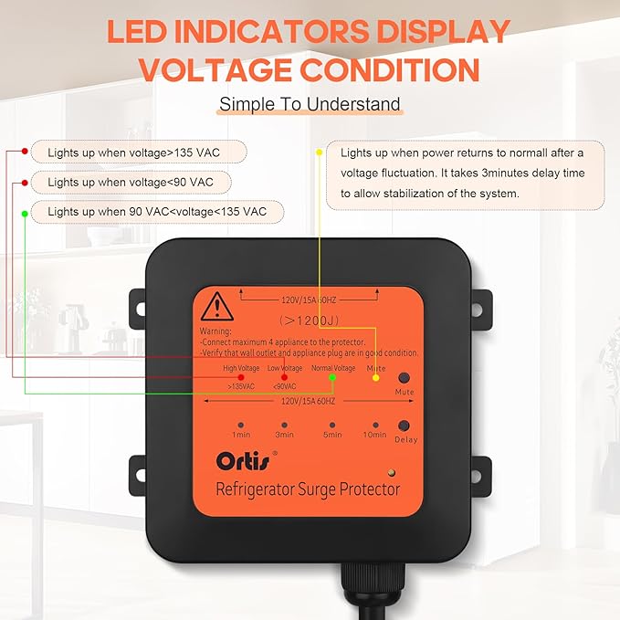 Ortis 4-Outlet Refrigerator Surge Protector, 1200J, Delay Start, Quick Reset, Audible Alarm & LED Indicators, Prevents Voltage Spikes, Surges & Power Outages, 1.3ft Cord, for 27+ cu. ft. Fridges