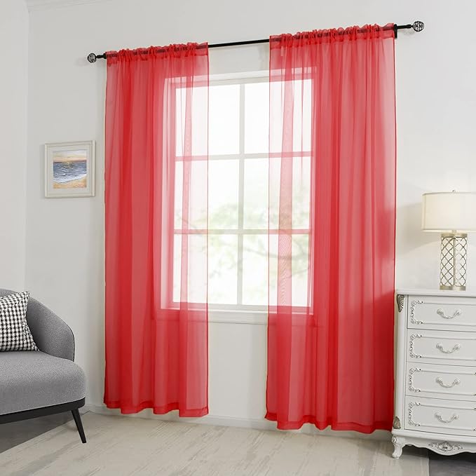 HUTO Christmas Red Sheer Curtains 96 inches Long for Baby Wedding Party Backdrop Rod Pocket Window Sheer Panels Drapes for Bedroom Nursery Living Room 2 Panels Voile Sheer 52 Width by 96 Inch Length