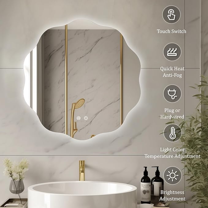 WallBeyond LED Bathroom Mirror with Lights, 24'' Wavy Round Light Up Bathroom Mirror, Anti Fog Led Mirror for Bathroom, 3 Colors and Dimmable Light