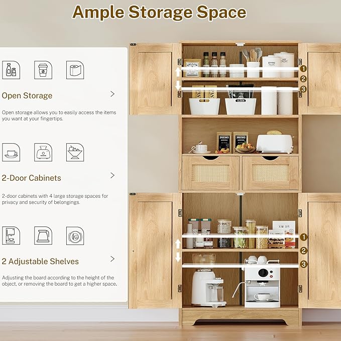Iwell Tall Storage Cabinet with 2 Drawers & Adjustable Shelves, Rattan Cabinet, Kitchen Storage Cabinet, Pantry Cabinet with 4 Doors, Tall Cabinet for Living Room, Kitchen, Home Office, Natural