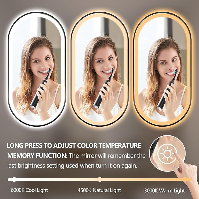 Niccy Oval LED Mirror for Bathroom, 48x24 Front Lit + Backlit Vanity Mirrors with Light Anti-Fog, Shatter-Proof, 3 Colors, Makeup Mirror with Black Frame (Horizontal/Vertical)