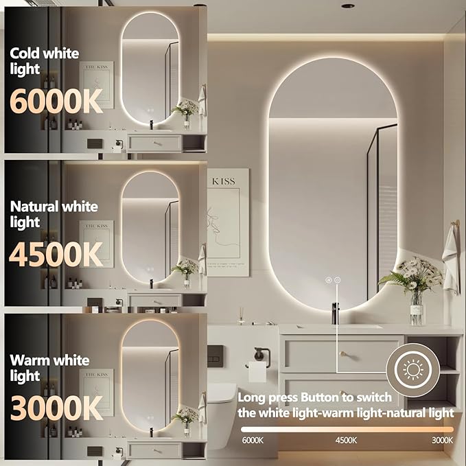 55"x28" Oval Led Bathroom Mirror with Lights, Frameless Backlit Vanity Mirror for Wall, Anti Fog Smart Mirror with 3 Colors Stepless Dimmable, Waterproof, Explosion-Proof, Vertical/Horizontal