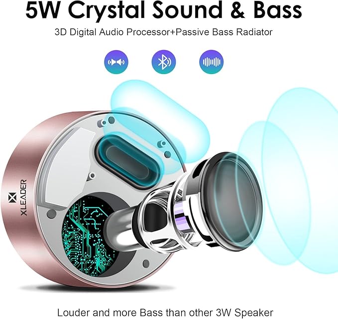 XLEADER Mini Bluetooth Speaker (Travel Case Provided) HD Sound&Rich Bass, Touch Design, 12-15H Playtime, Support Aux Input, Micro SD, Mic, for iPhone Laptop Shower Office, Ideal Gifts, Pink Rose Gold