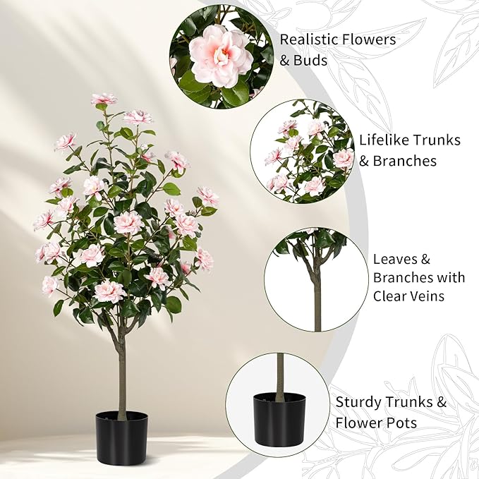Artificial Camellia Tree 2 Pack, Artificial Plants Outdoor Faux Floral Plant in Cement Pot Fake Silk Camellia Tree Plants for Home House Living Room Office Decor