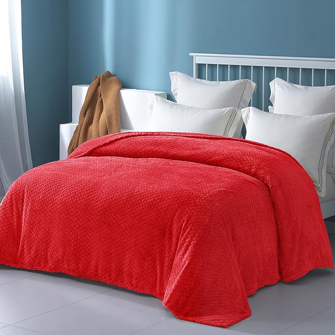 Exclusivo Mezcla Fleece King Size Blanket for Bed, 90x104 Inches Soft Cozy Jacquard Flannel Blankets, Lightweight Fuzzy Plush Warm for Winter, Red
