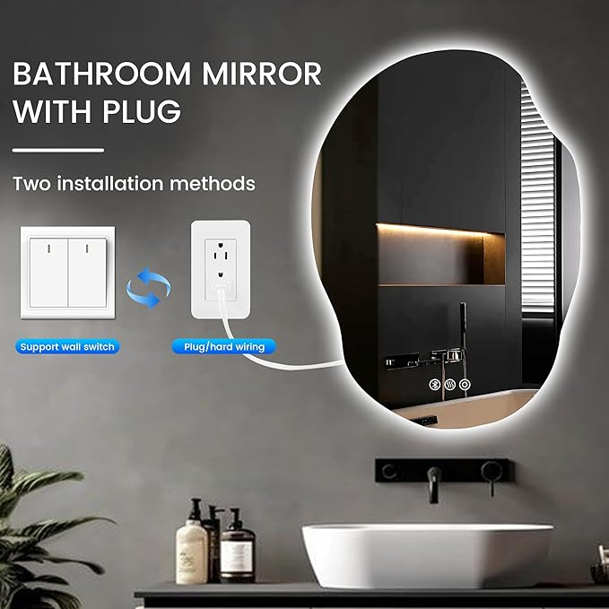 Irregular Led Bathroom Mirror with Bluetooth, 22 x 30 Inch Lighted Mirrors, Backlit Mirror with Anti-Fog, Memory Function, 3 Color Temperature, Dimmable Asymmetrical Led Mirror
