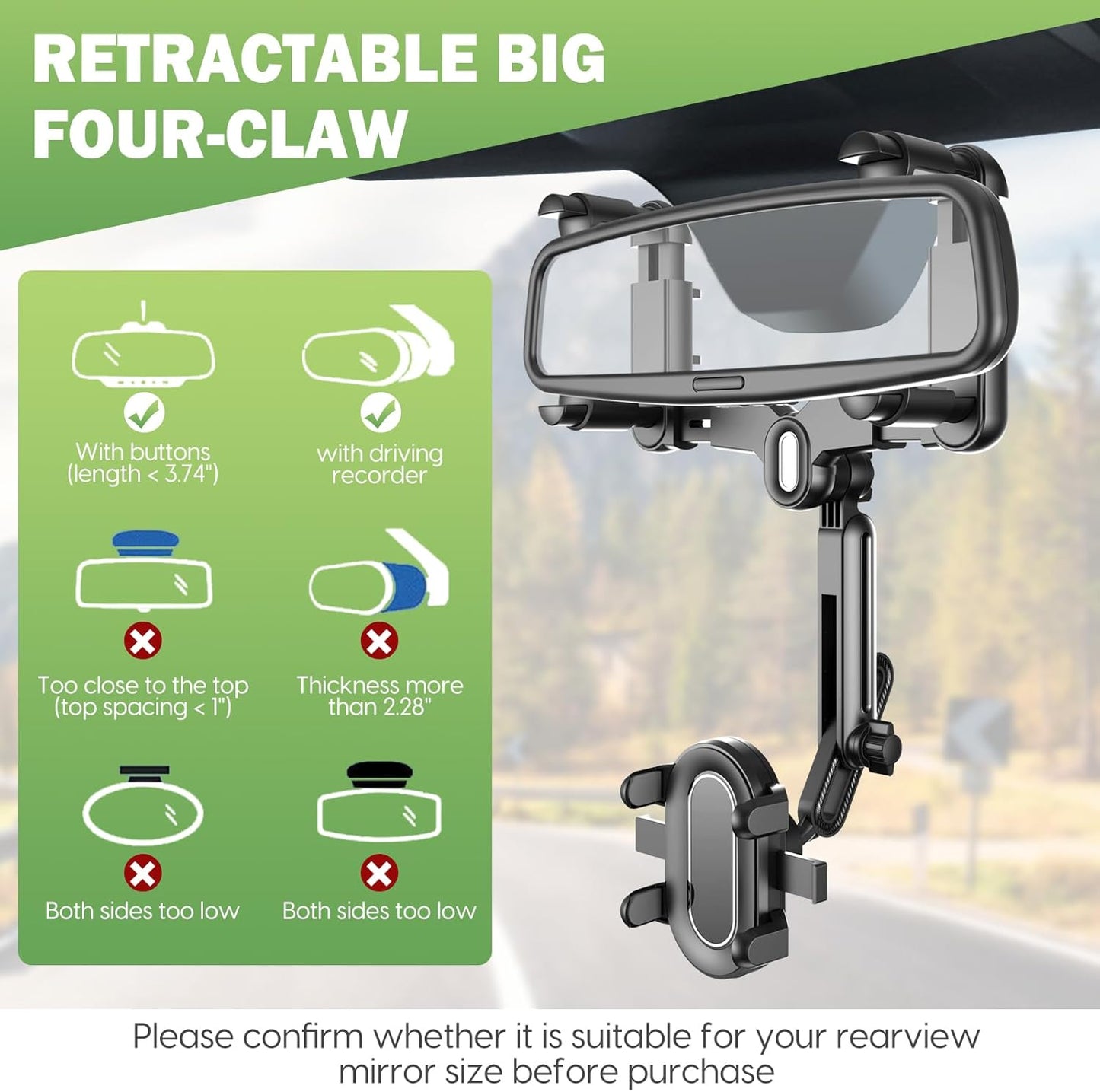 Rear View Mirror Phone Holder For Car - Multifunctional 360 Rotatable Holder with Retractable Curved Handle for All
