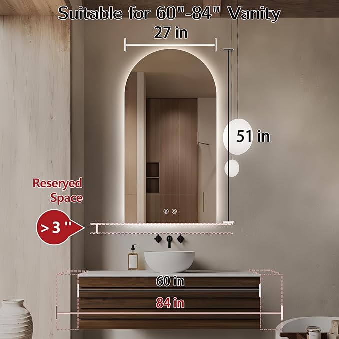 Niccy Arched LED Bathroom Mirror, 51x27 Inch Arch Frameless Backlit Mirrors for Wall Arched Lighted Vanity Mirrors Defogger and 3 Color, Explosion-Proof, HD Glass and IP65 Waterproof