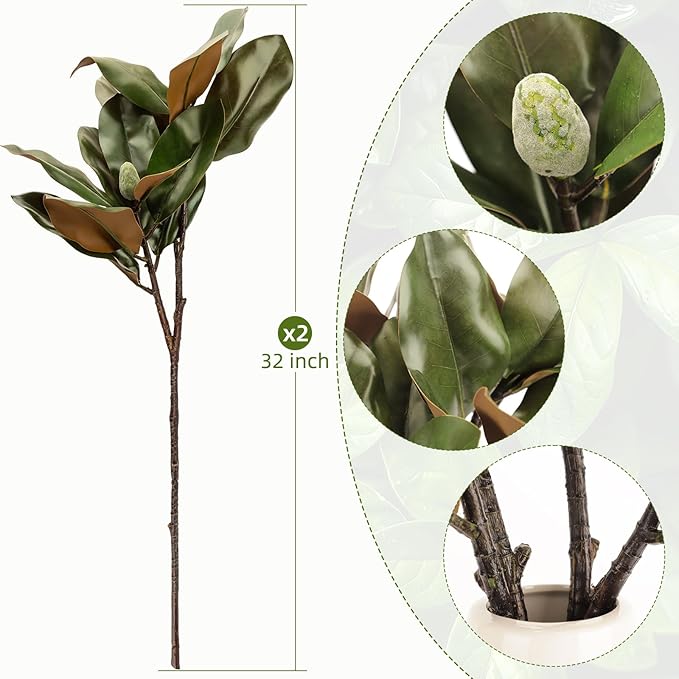 2 Pcs Magnolia Artificial Leaves Branches 32 Inch 3D Real Touch Pick with Fruit Faux Magnolia Stems Fake Twigs for Indoor Outdoor Vase Home Wedding Floral Arrangement Decoration