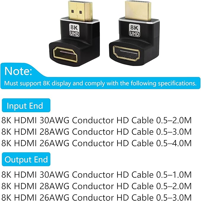 Right Angle HDMI Male to HDMI Female Adapter 8K, Up Angle Gold Plated 90 Degree and 270 Degree, Supporting 8K@60Hz, 4K@120Hz, Suitable for Laptops, PC, Projectors, etc- 2Pcs