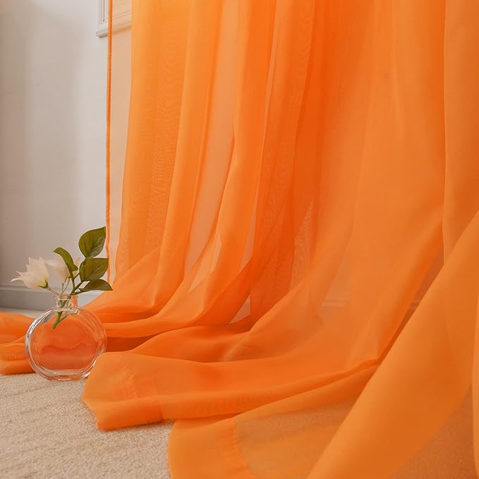 HUTO Orange Sheer Curtains 63 inches Long for Bedroom Top Rod Pocket Sheer Window Panels Curtains for Nursery Living Room 52 by 63 Inch Length Set of 2