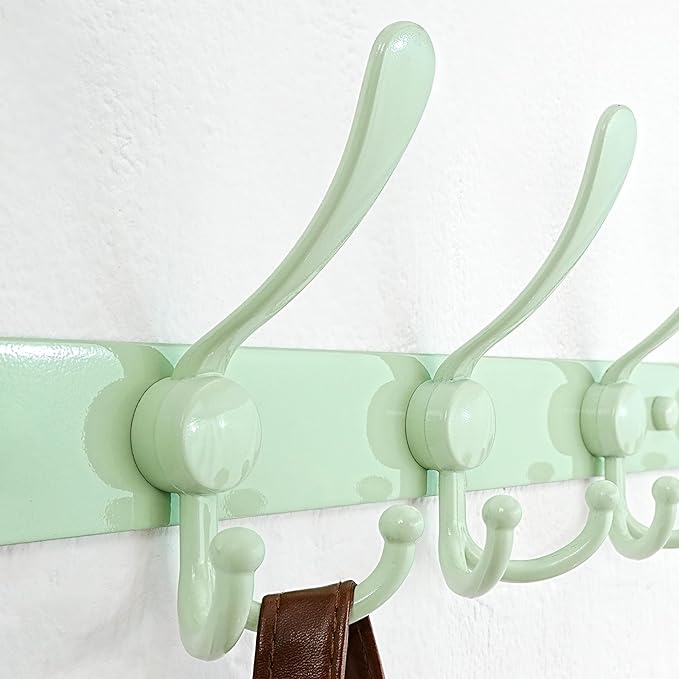 Dseap Coat Rack Wall Mount - 29.5” Long 8-Tri-Hooks Heavy Duty Coat Hanger Rail Wall Hooks for Hanging Coats Hats Clothing Clothes Purse Mudroom Entryway, Green