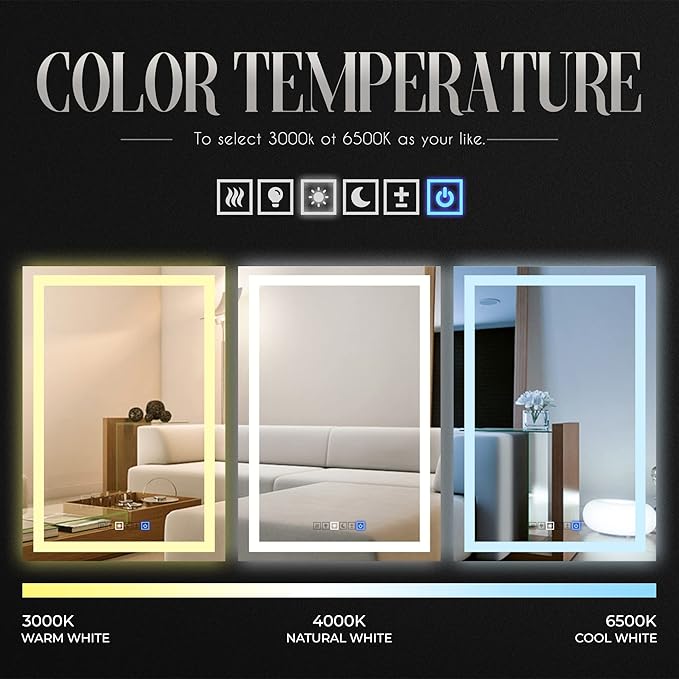 Fab Glass and Mirror LED Mirror 28x36 Inches, Led Bathroom Mirror with Lights Front and Backlit Anti-Fog Memory Brightness, Three Color Options Frameless Wall Mounted Bathroom Vanity Mirror