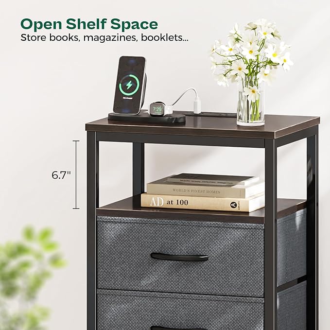 Huuger 5 Drawers Dresser with Charging Station, Dresser for Bedroom, Tall Night Stand, Chest of Drawers with Open Shelf, Bedside Table Nightstand, Fabric, for Entryway, Adult Only, Walnut
