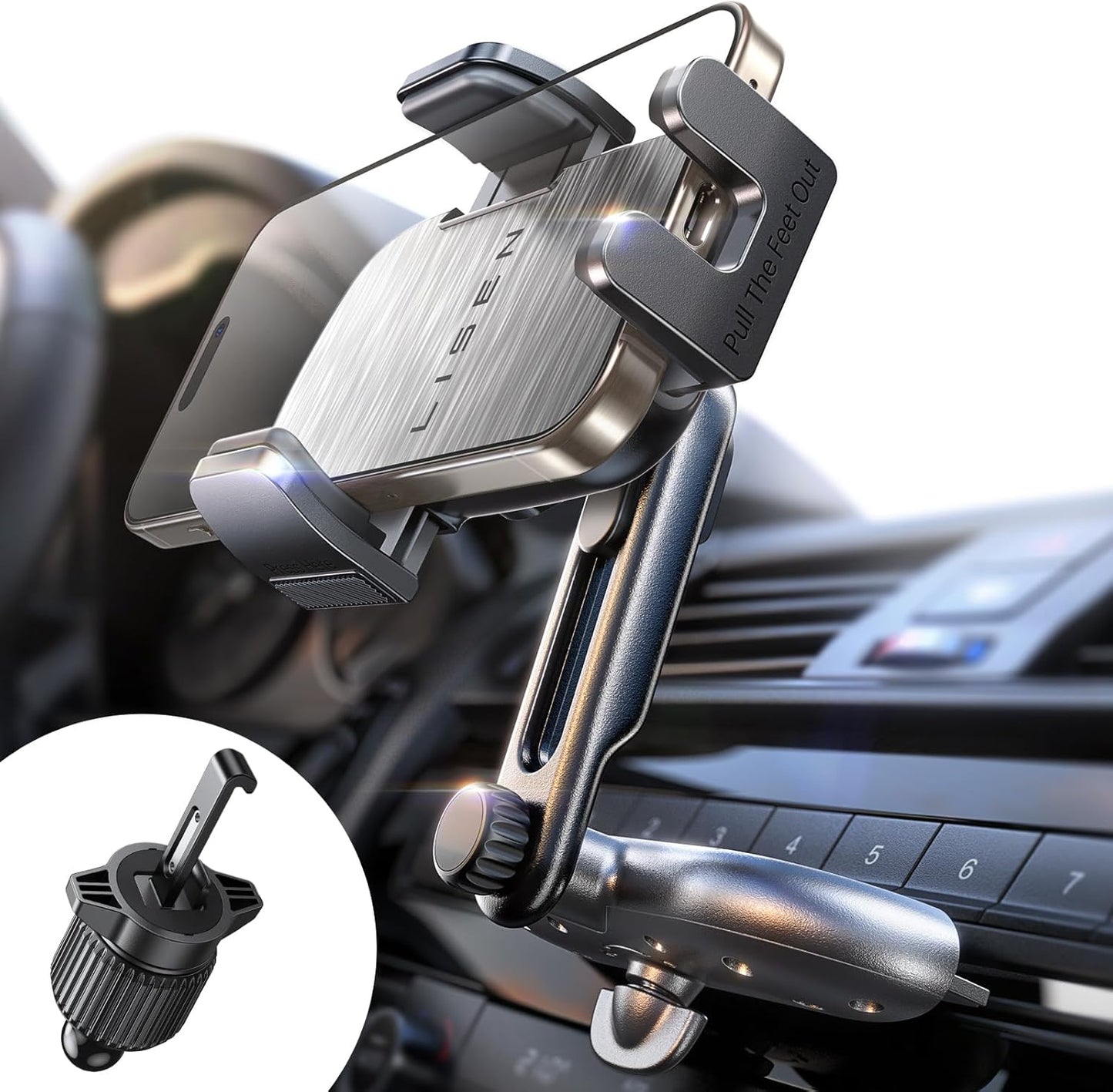 LISEN CD Slot Phone Mount for Car, Adjustable Ultra Sturdy Holder for iPhone 16 Pro Max Plus Accessories (Silver)